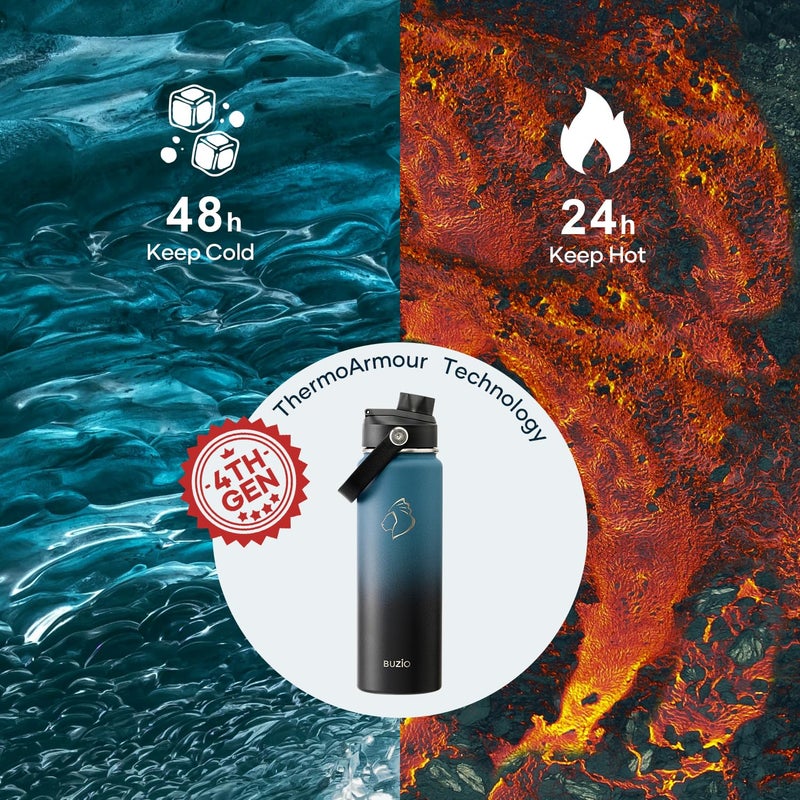 BUZIO Insulated Water Bottle with Straw Lid and Flex Cap, 22oz Modern Double Vacuum Stainless Steel Water Flask, Cold for 48 Hrs Hot for 24 Hrs Simple Thermo Canteen Mug, Indigo Black - Image 2